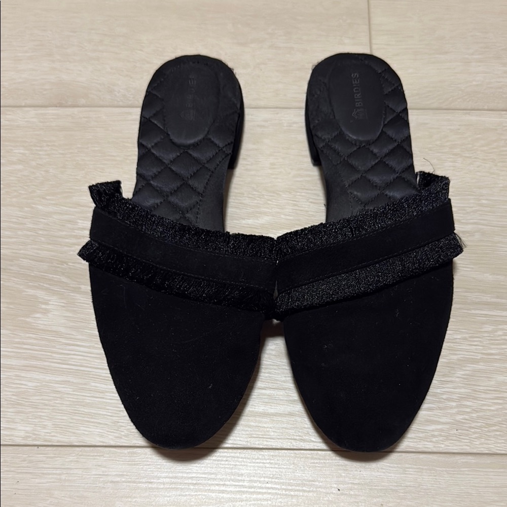 Birdies Black Quilted Mules with Frilled Detail
